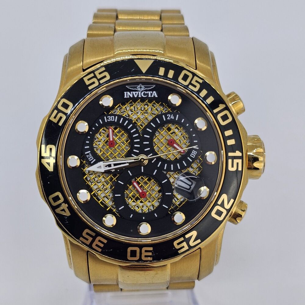 Invicta 19837 Men Watch Pro Diver Chronograph Gold Dial Bracelet 6" New Battery